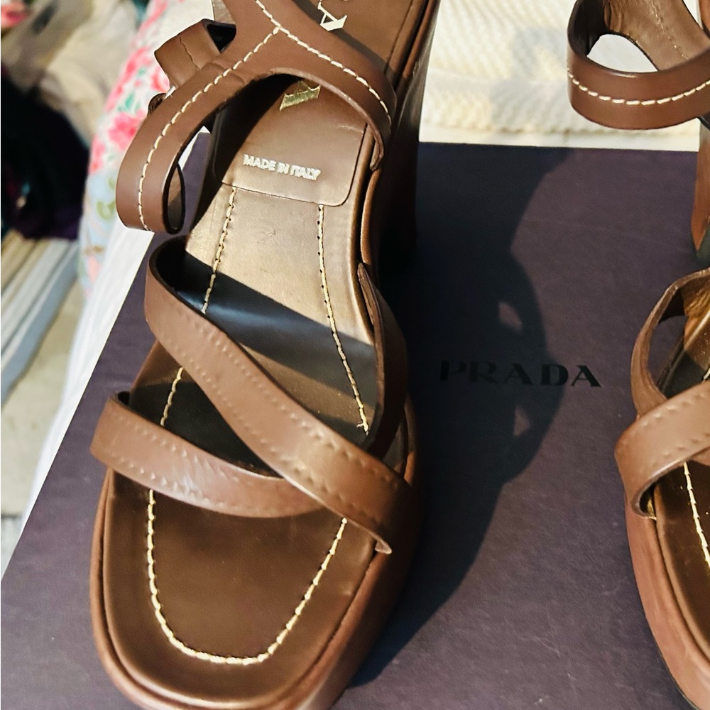 PRADA wedge sandals brown terra strap